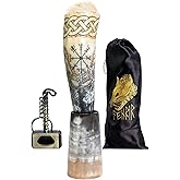 FENRIR Viking Drinking Horn With Stand & Thor Bottle Opener | Norse Medieval Authentic Ox Horn for Ale, Mead, Whiskey | Unique Gifts for Men & Women | 16-20 oz Odin & Vegvisir
