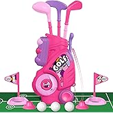 Liberry Toddler Golf Set with Putting Mat for 2 3 4 Years Old Boys Girls, Upgraded Kids Golf Cart with Unique Shoulder Strap Design, Indoor and Outdoor Golf Toys Gifts (Pink)