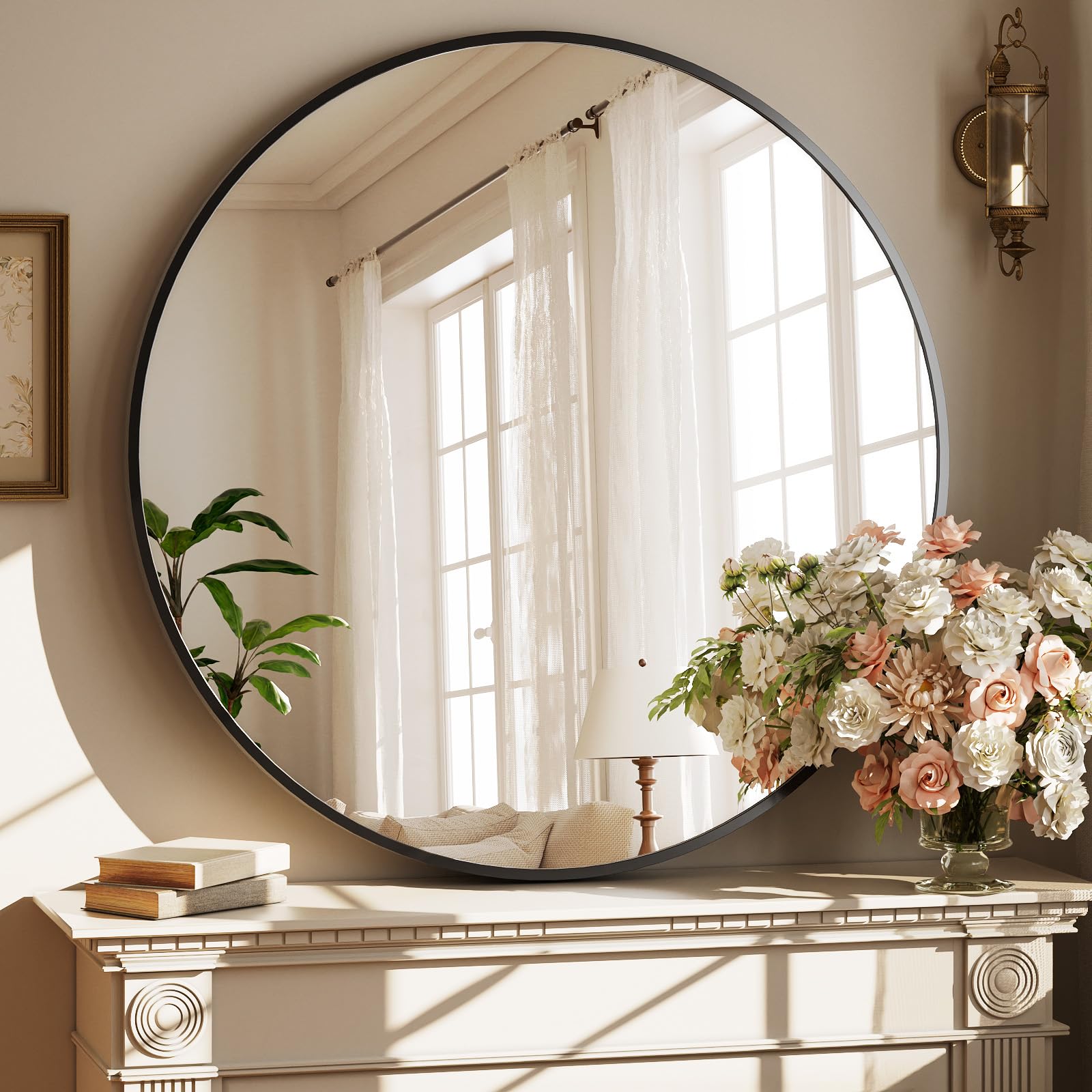 XRAMFY 42 Inch Round Black Metal Wall Mirror - Stylish Circle Mirror for Entryway, Bathroom, and Living Room Decor | Matte Black Circle Wall Mirror