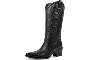Pasuot Cowboy Boots for Women - Cowgirl Western Mid Calf Boots with Embroidery, Pointed Toe Retro Chunky Heel Slip On Fashion Classic Short Boots Pull On for Ladies Summer Fall