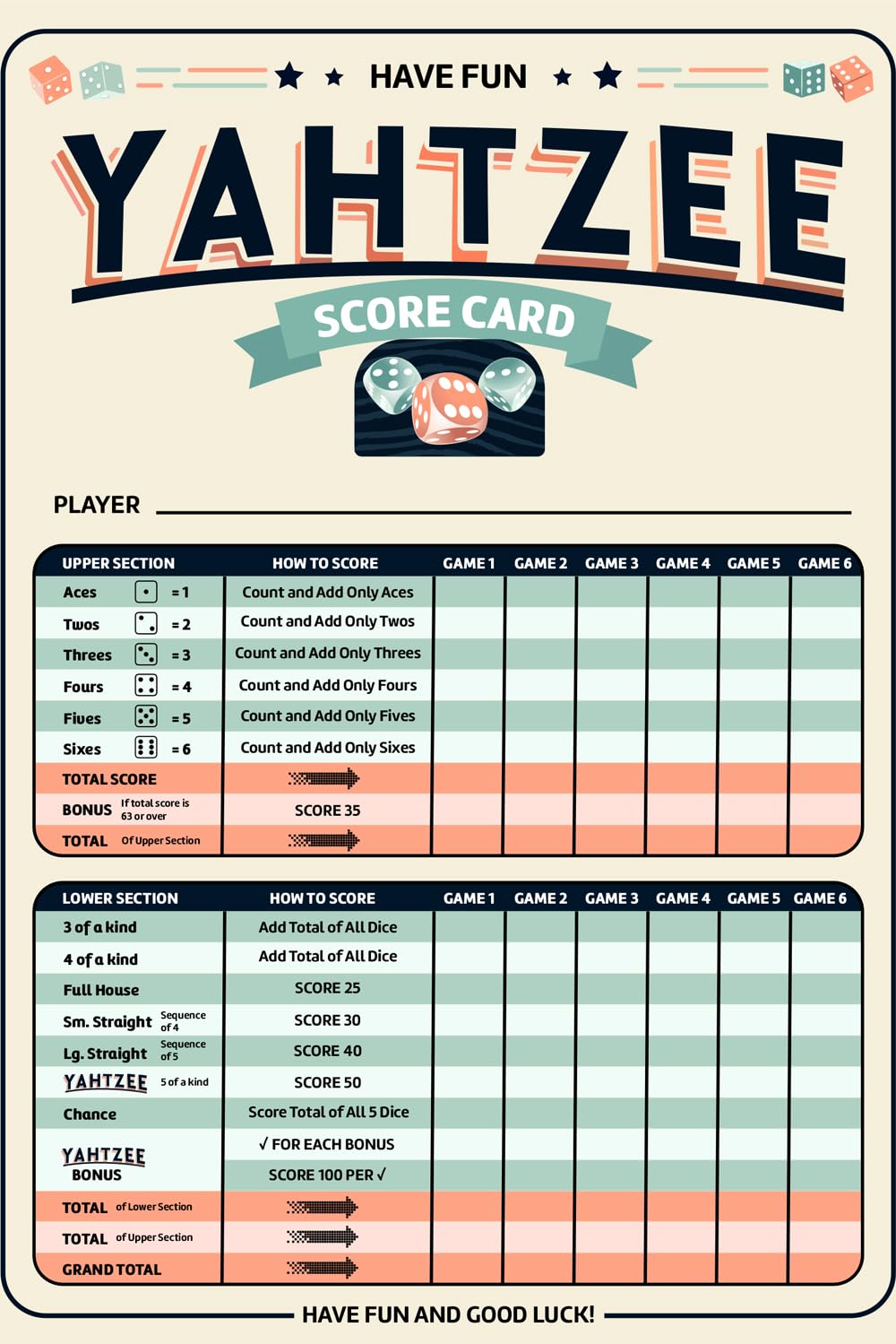 Print It Uk Yahtzee Score Sheets – 50 Loose Double-Sided A5 Sheets (600 Games Total) – Full Color, 150gsm Premium Paper – Score Cards for Yahtzy, Yatzee & Dice Games