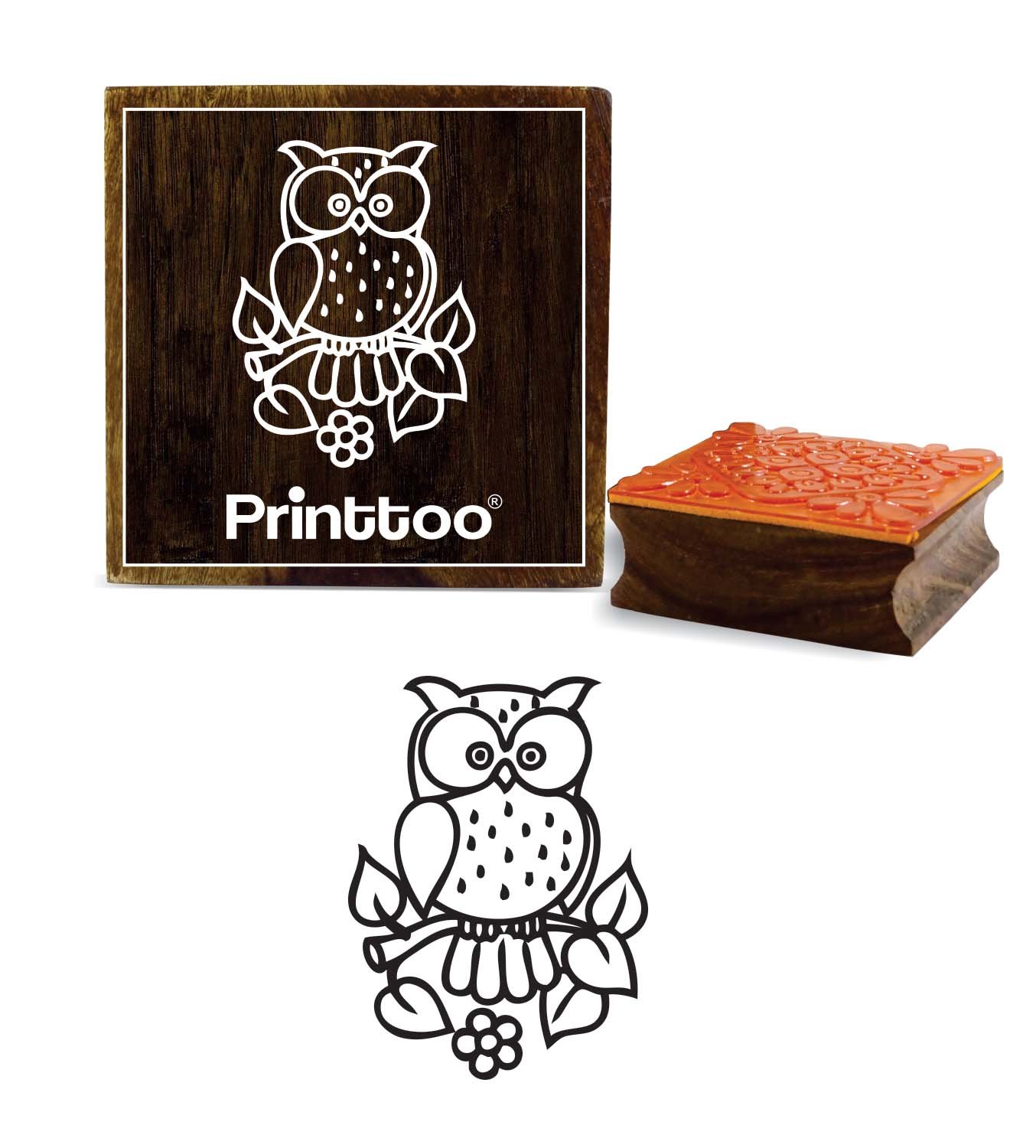 Printtoo Brown Wooden Rubber Stamp Owl Pattern Square Craft Textile Stamps-2 x 2 Inches