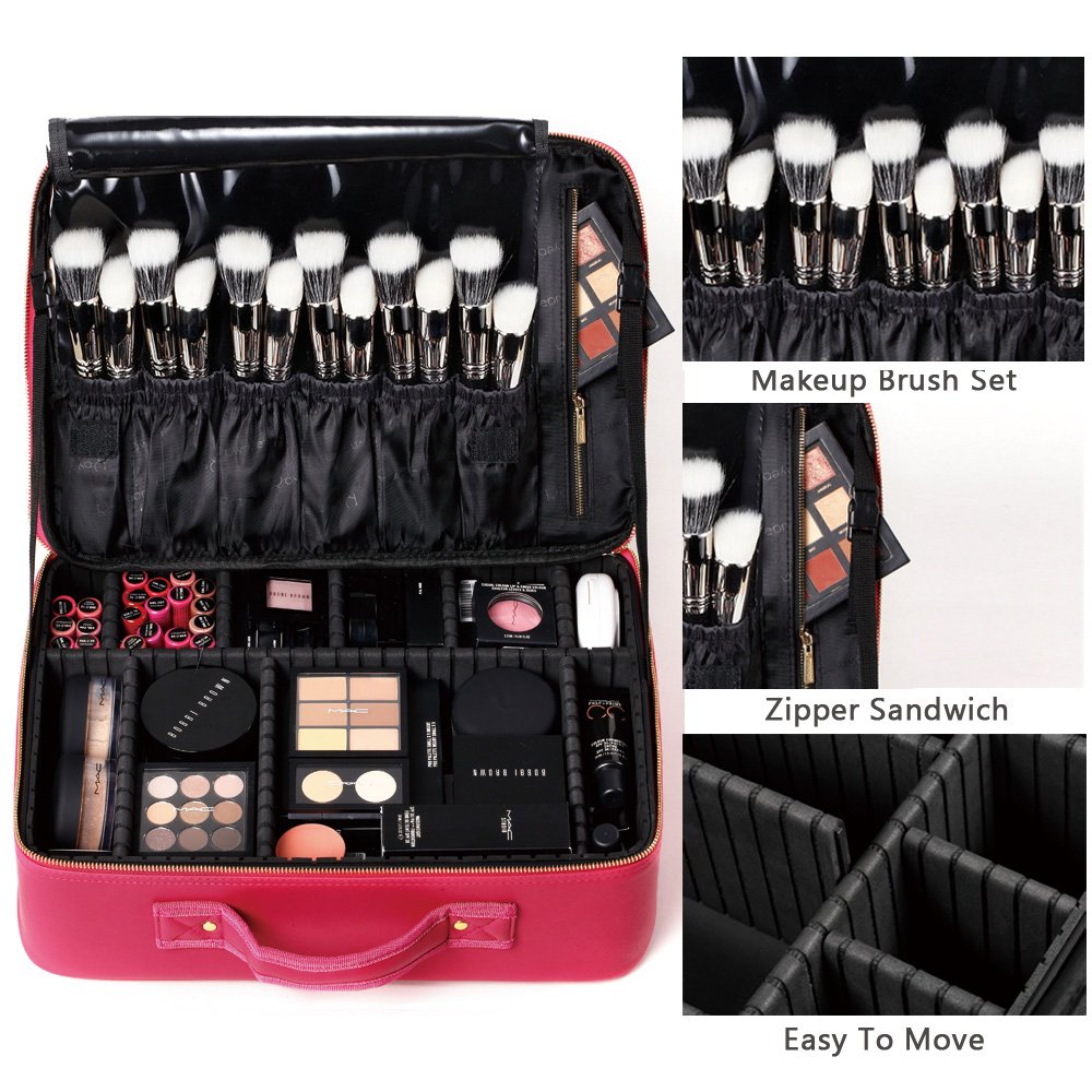 ROWNYEON Makeup Case Travel Makeup Bag Makeup Organizers Bag Makeup Train Case Professional Portable Cosmetic Bag for Women Waterproof PU Leather EVA Adjustable Dividers Gift for Girls Medium Pink : Beauty