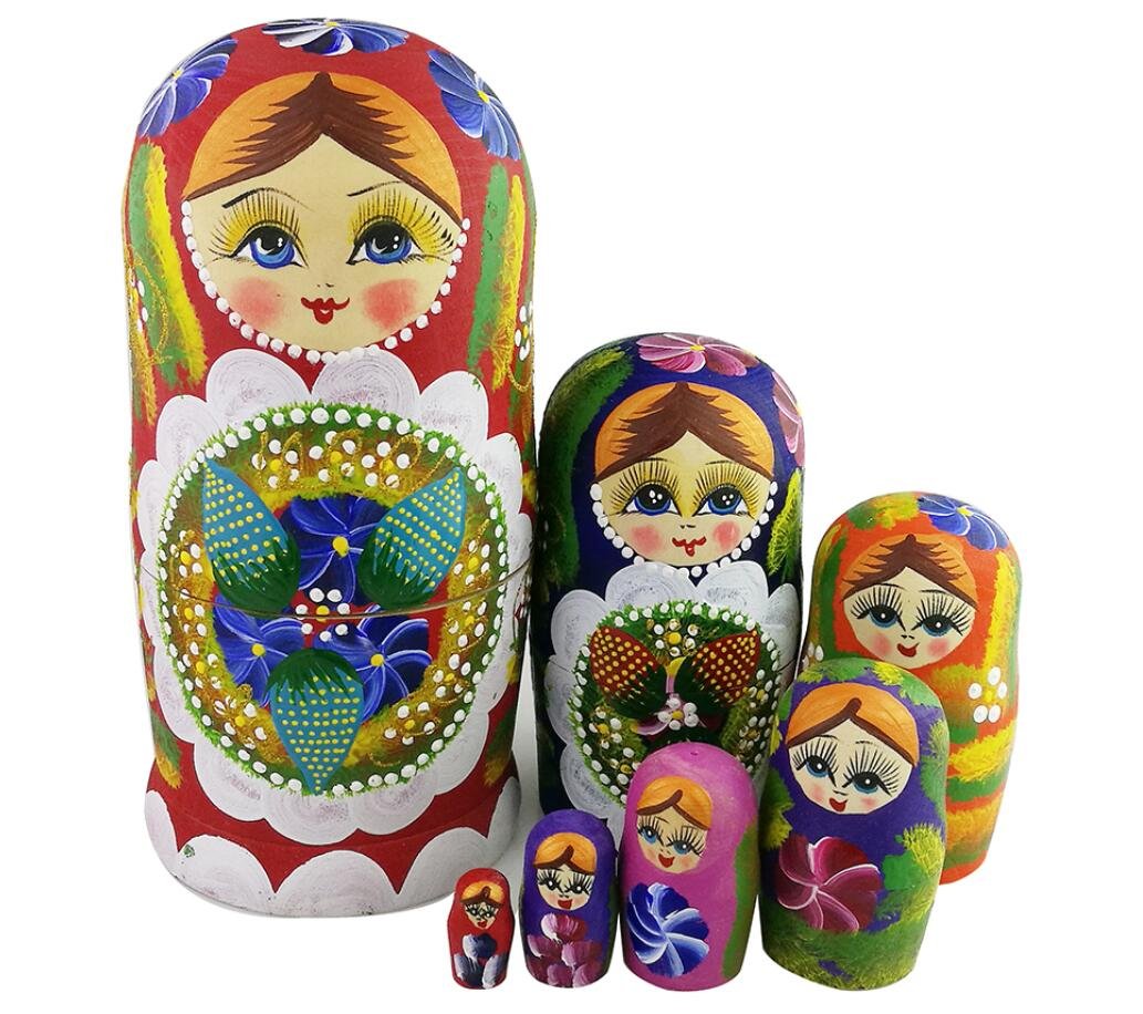 Winterworm® 7pcs Red Flowers and Berries Wooden Russian Nesting Dolls Matryoshka Russian Doll