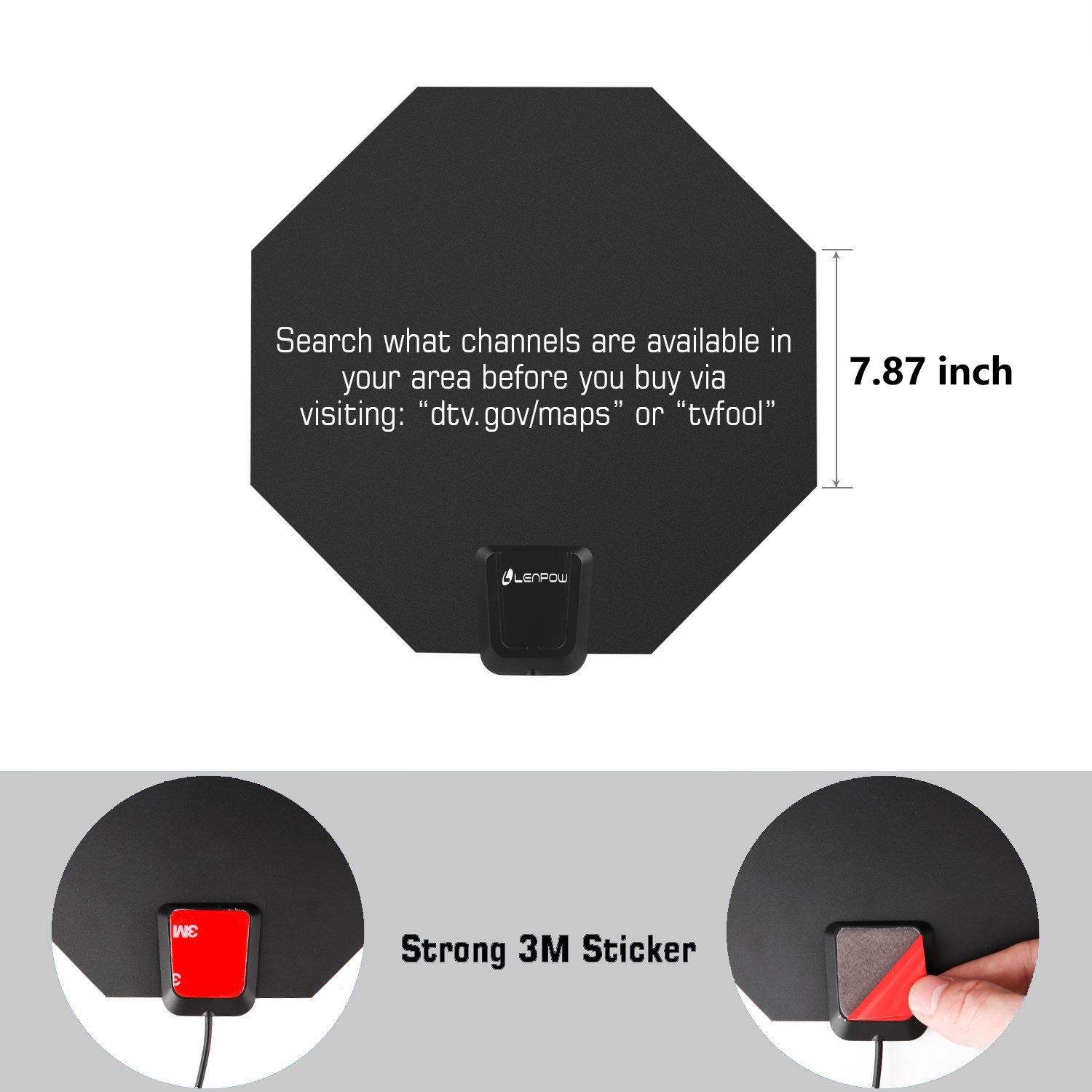 TV Antenna, LENPOW Best Indoor 1080P Amplified Digital TV Antenna 60 Mile Range with Detachable Amplifier Signal Booster, USB Power Adapter, 16.5Ft High Performance Coaxial Cable, Black