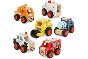 DIPALENT 6Pcs Wooden Cars for Toddlers 1-3, Push and Go Vehicles, Kid Toys, Hand Push Cars for 1+ Year Old, Montessori