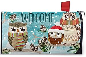 FBCOO Welcome Winter Owl Family Fabric Mailbox Cover Magnetic Standard 21" x 19", Pine Cone Decorative Post Letter Box Decoration Wrap Snow Christmas Decor for Garden Yard