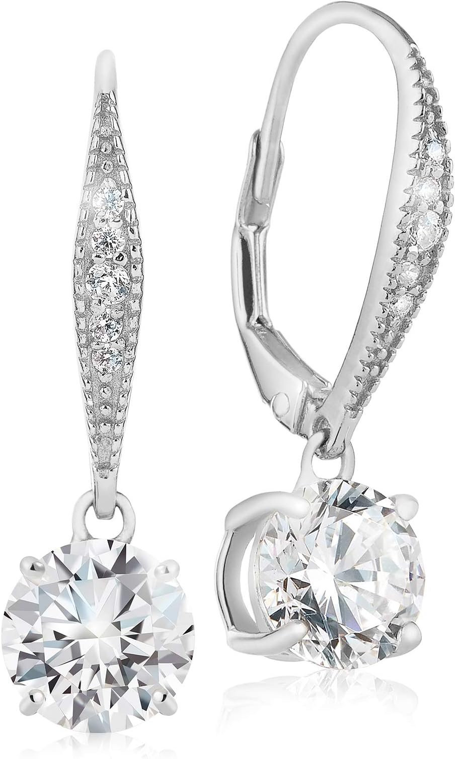 Lusoro 925 Sterling Silver Round AAA Cubic Zirconia, Pave Leverback Dangle Earrings
