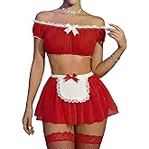 Avidlove Sexy Maid Outfit Set Off-shoulder Mesh Top Mini Skirt with Thong Halloween Costumes(3 pack)