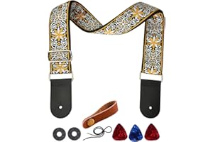 Farcaya Guitar Strap Acoustic Electric Bass Guitar Strap Jacquard Weave Cotton Adjustable Guitar Shoulder Strap with 2Strap Locks + 3Picks+ Headstock Strap Button(White Yellow Flower)