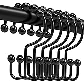 Shower Curtain Hooks, 12 Pcs Rustproof Metal Shower Curtain Rings,Free Sliding Double Shower Hooks for Shower Curtain & Liners, Shower Curtain Hangers for Bathroom Shower Curtain Rods Curtains (Black)