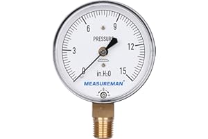 MEASUREMAN Diaphragm Type Capsule Low Pressure Gauge, 2-1/2" Dial, 1/4" NPT Lower Mount, Adjustable, 0-15 in H2O(Inches of Water)