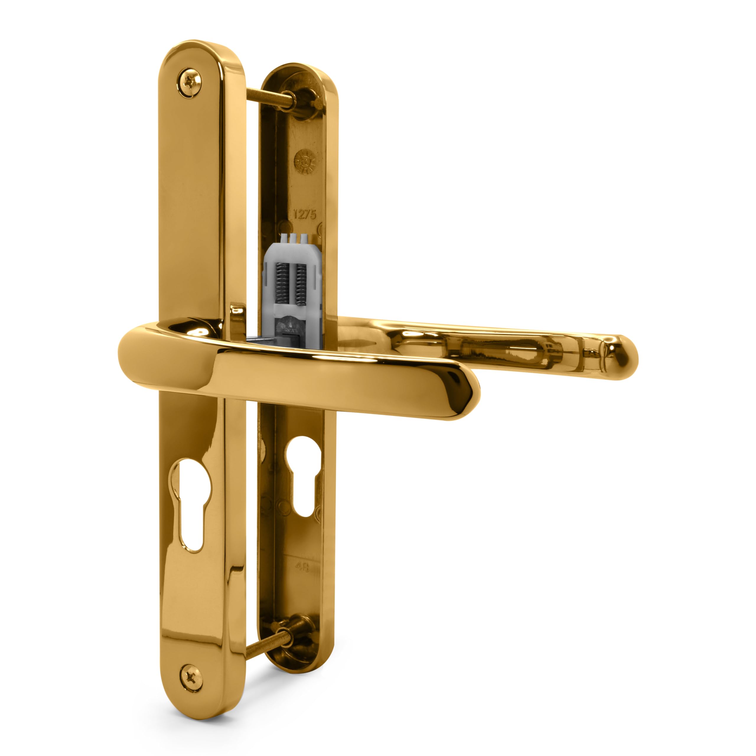 TSS UPVC Door Handles Set - Lever/Lever - 48mm PZ (Centres) - 215mm Screw to Screw - Backplate 246mm X 32mm - UPVC Door Handle - Replacement UPVC Door Handles - PVC Door Handle (Polished Brass)