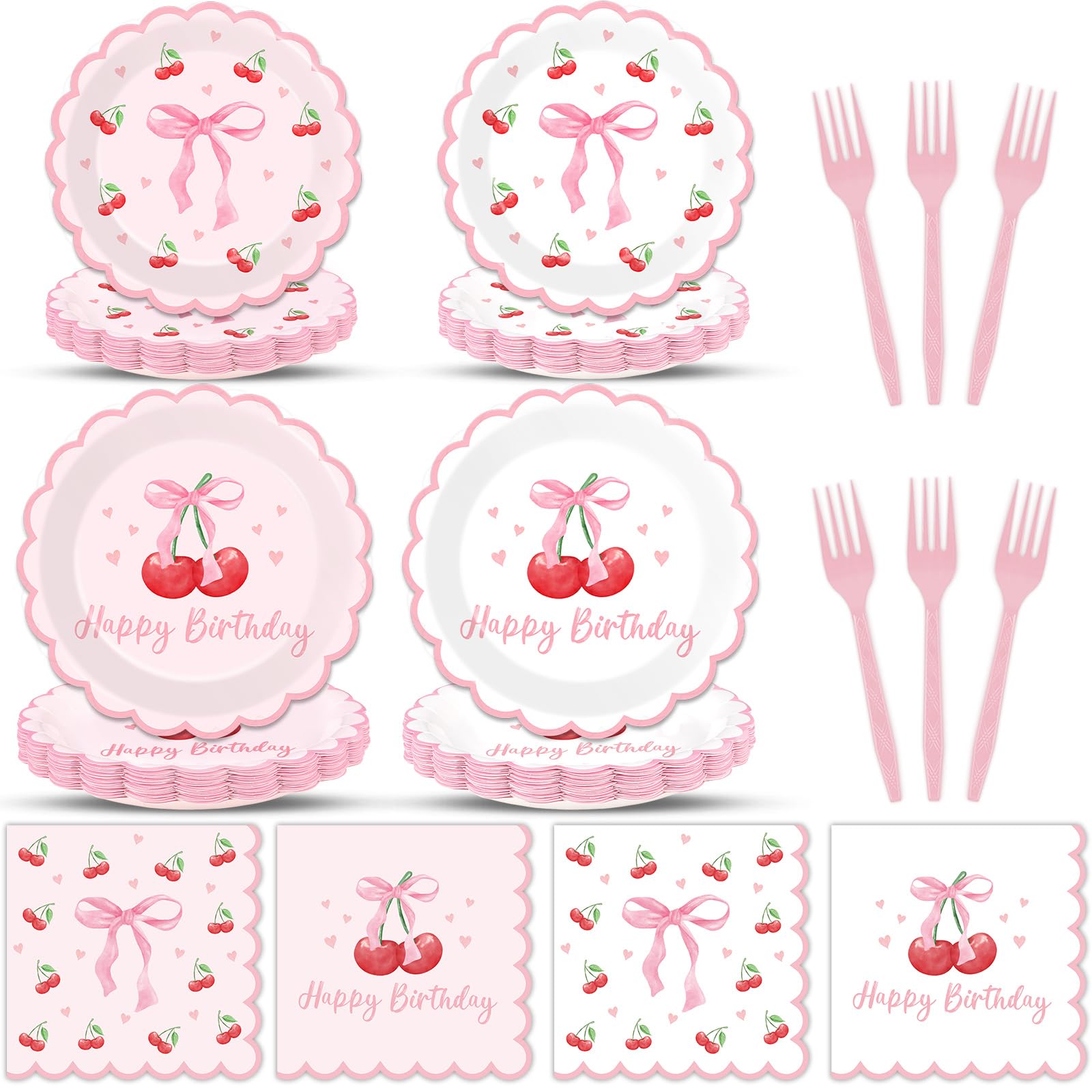 Photo 1 of 96Pcs Pink Bow Cherry Party Tableware Bow Scalloped Paper Plates Napkins Cherry Disposable Dinnerware Birthday Party Supplies Pink Coquette Set for Birthday Bachelorette Wedding Decorations Serves 24