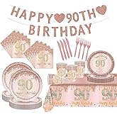DWEARTY 122 Pcs 90th Birthday Decorations for Women - Serve 20-90th Birthday Party Plates and Napkins Supplies - Plates, Banner, Napkin, Tablecloth, Cup, Tableware - Rose and Gold