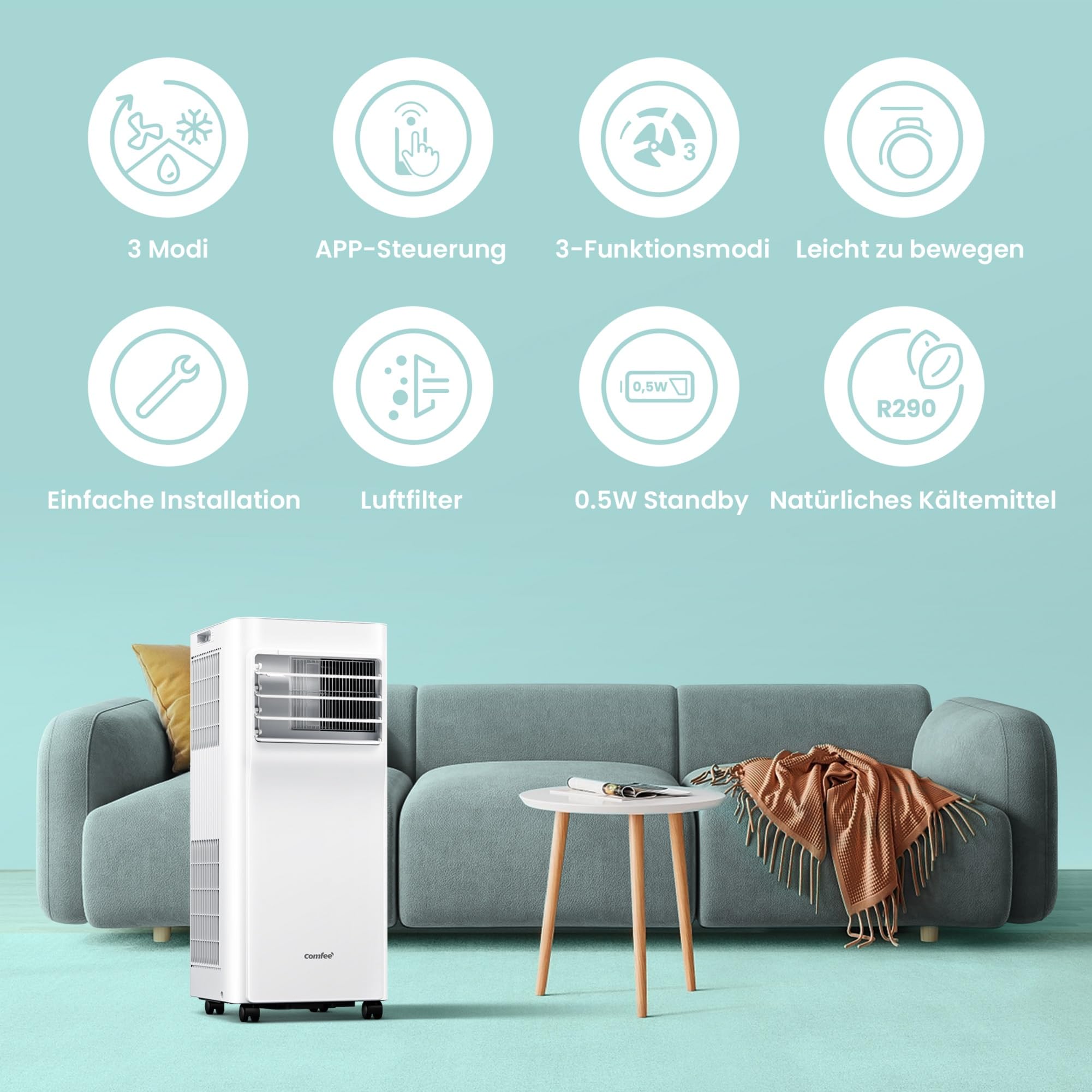 Comfee Mobiles Klimagerät Breezy Cool Pro 2.6,9000 BTU 2,6kW, Kühlen&Ventilieren&Entfeuchten,APP-Steuerung,Raumgröße bis 88m³(33㎡),Mobile Klimaanlage mit Abluftschlauch [Energieklasse A] 2