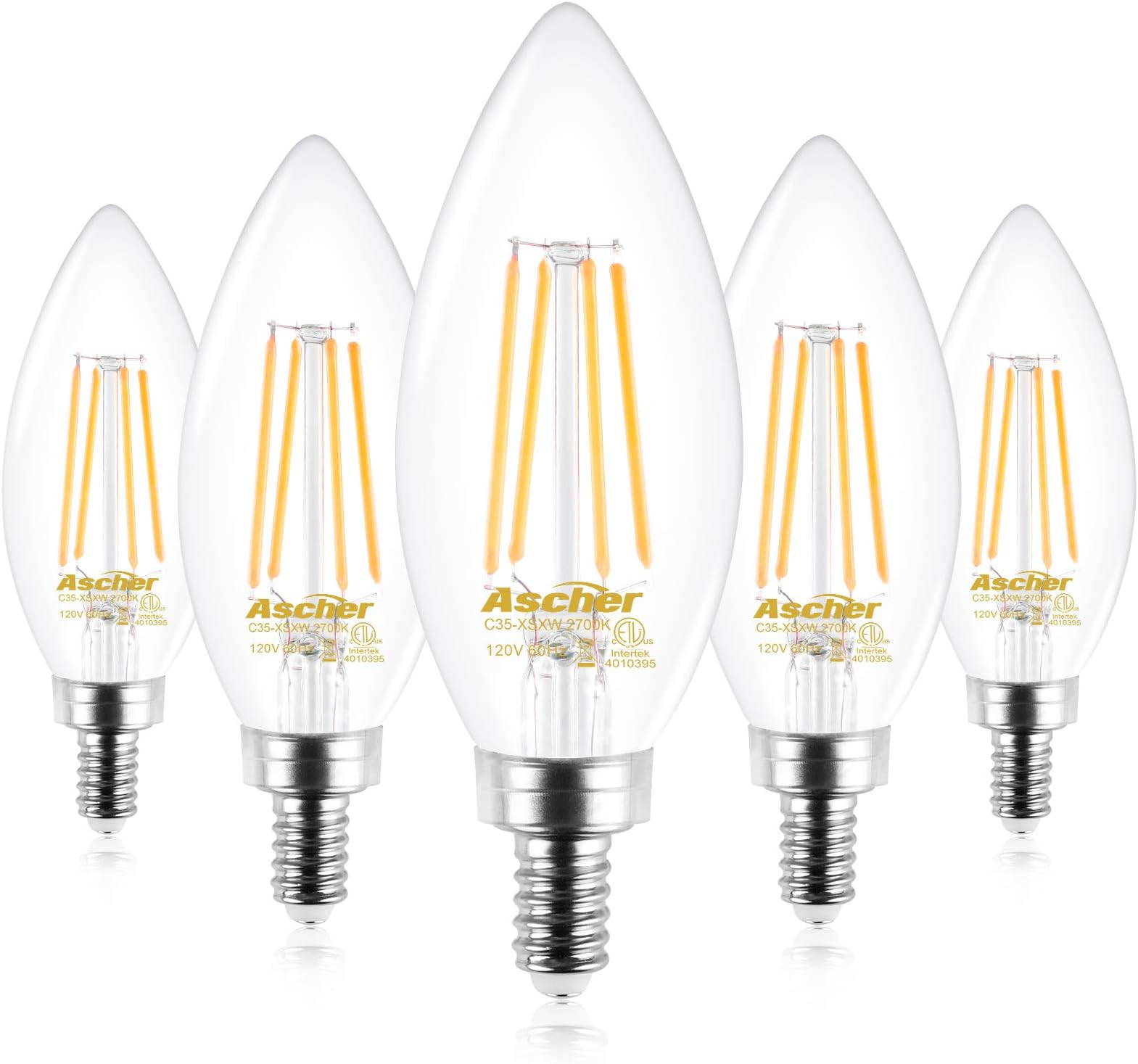 Ascher E12 Candelabra LED Light Bulbs 60 Watt Equivalent, 550 Lumens, Warm White 2700K, Decorative Candle Base, Filament Clear Glass, Non-Dimmable, Pack of 5