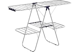 SONGMICS Clothes Drying Rack, Foldable 2-Level Laundry Drying Rack, Free-Standing Large Drying Rack, with Height-Adjustable Wings, 33 Drying Rails, Sock Clips, Silver and Blue ULLR53BU