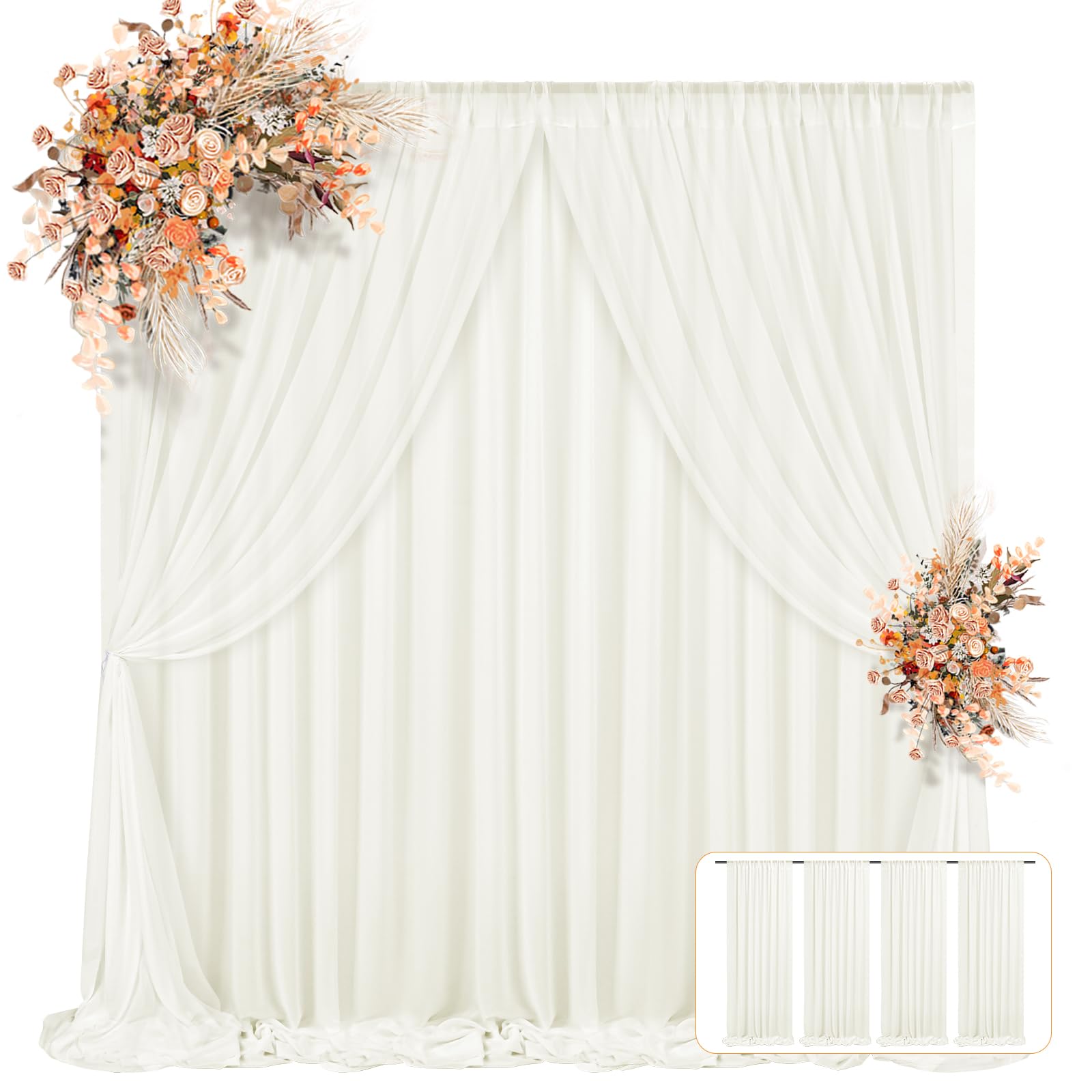 Photo 1 of 4 Panels Ivory Backdrop Curtains for Parties, 5ft x 10ft Sheer Chiffon Ivory Backdrop Background Panels with Rod Pockets,Chiffon Fabric Curtain Photo Drapes for Party Ceremony Wedding Decorations