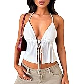 Women's Y2K Cute Summer Leopard Print Halter Top Sexy Tie Front Backless Ruffle Beach Crop Going Out Tops for Women