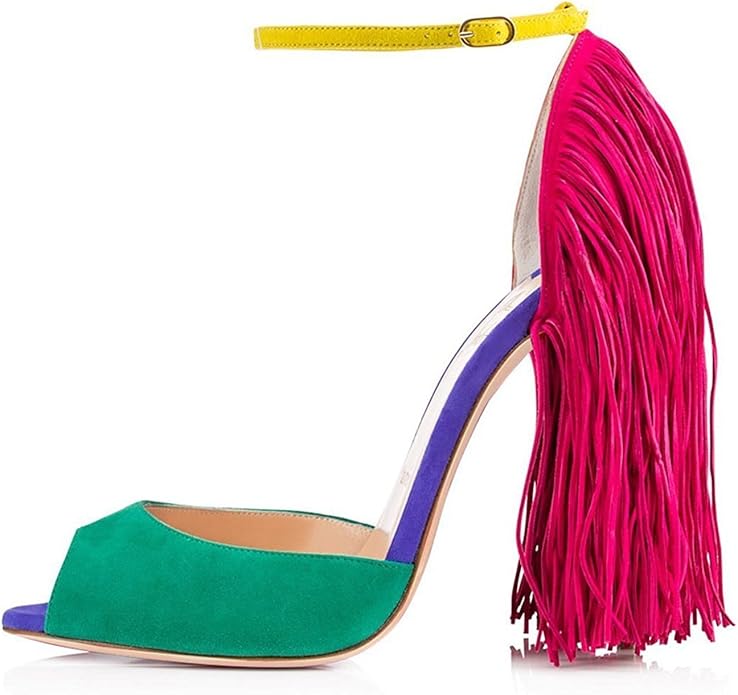 Amazon.com | Kebinai Ladies Women's High Heel Sandal Fringe Decoration Peep Toe Ankle Buckle Big 