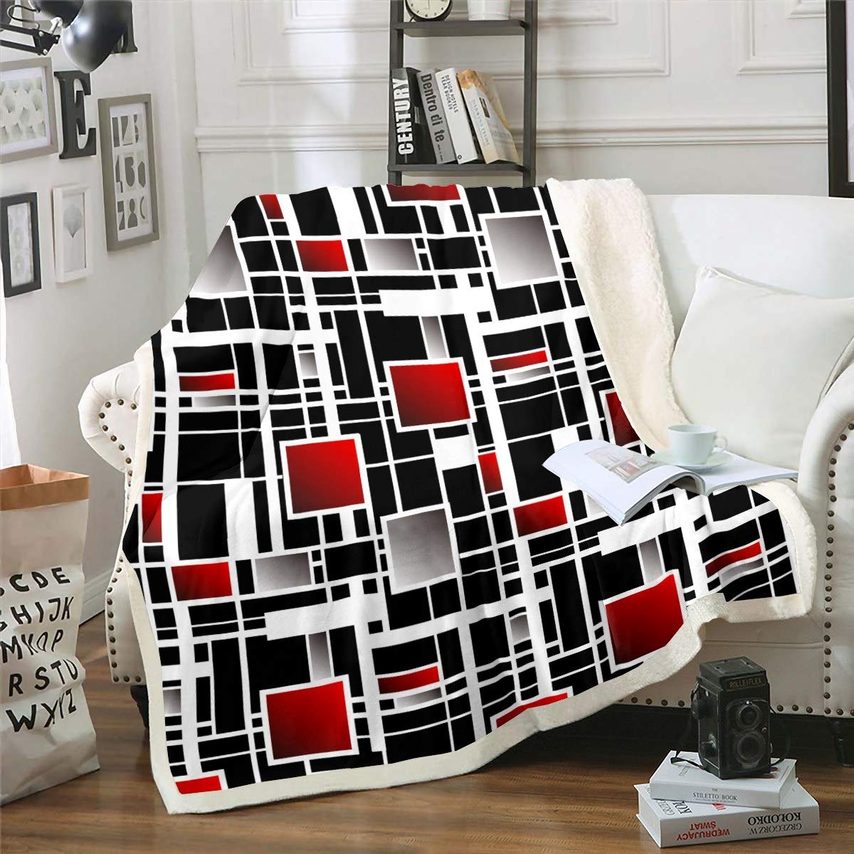 Loussiesd Square Sherpa Blanket Geometric Stripe Throw Blanket Abstract Art Fleece Blanket for Couch Bed Sofa Room Decor Lightweight Simple Modern Black White Red Fuzzy Blanket Double 60"x79"