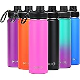 DRINCO Stainless Steel Water Bottle Spout Lid Vacuum Insulated Double Wall Water Bottle Wide Mouth (40oz 32oz 22oz 18oz 14oz) Leak Proof Keep Cold Sport Camping Hiking (22 oz, 22oz Island Pink)