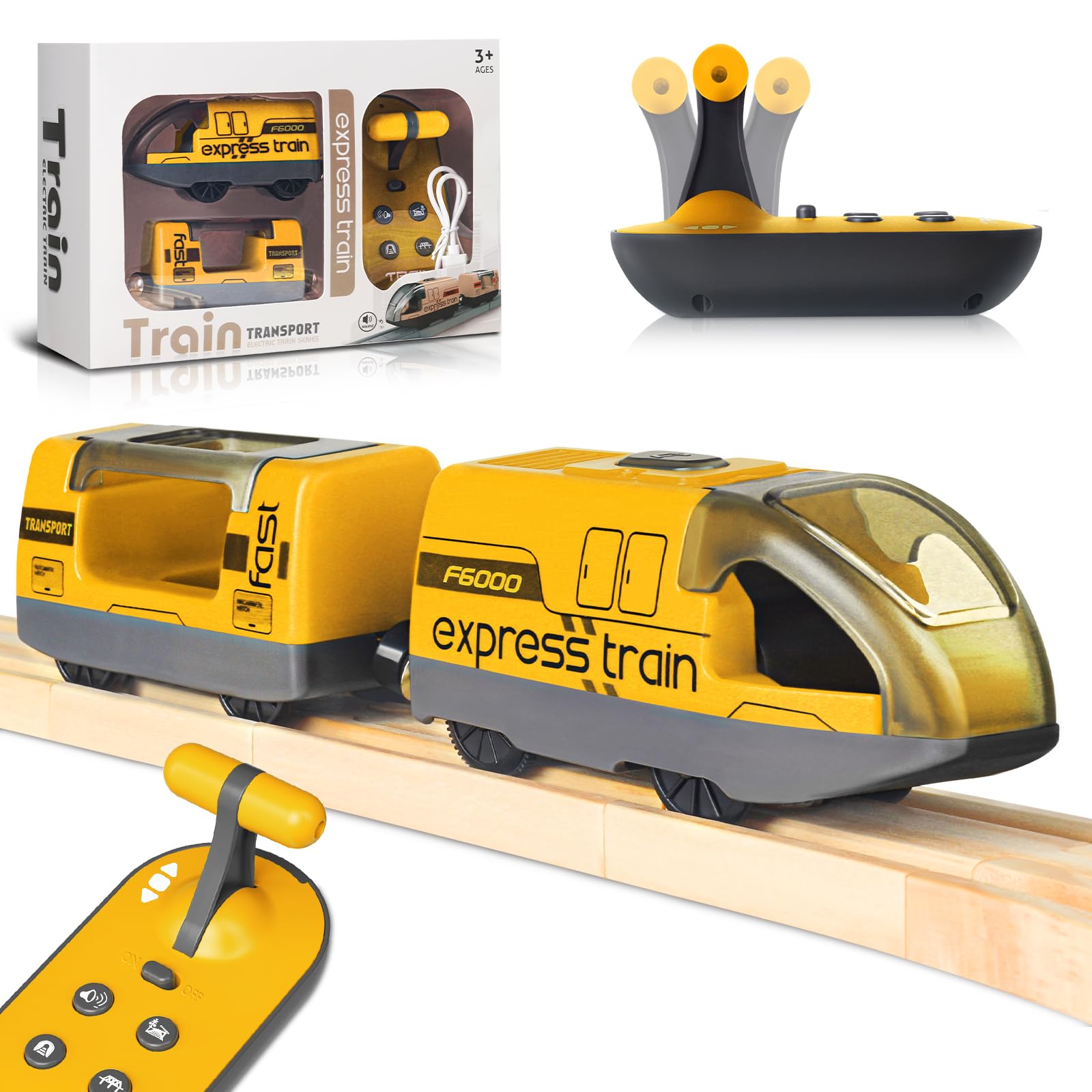 Electric Remote Trains Toy for Wooden Track, Remote Control & Motorized Train with 4 Sound and Light Effects for Kids 3 4 5+ Years Old Boys Girls, Compatible with Thomas,Brio,Chuggington-Yellow — image 1