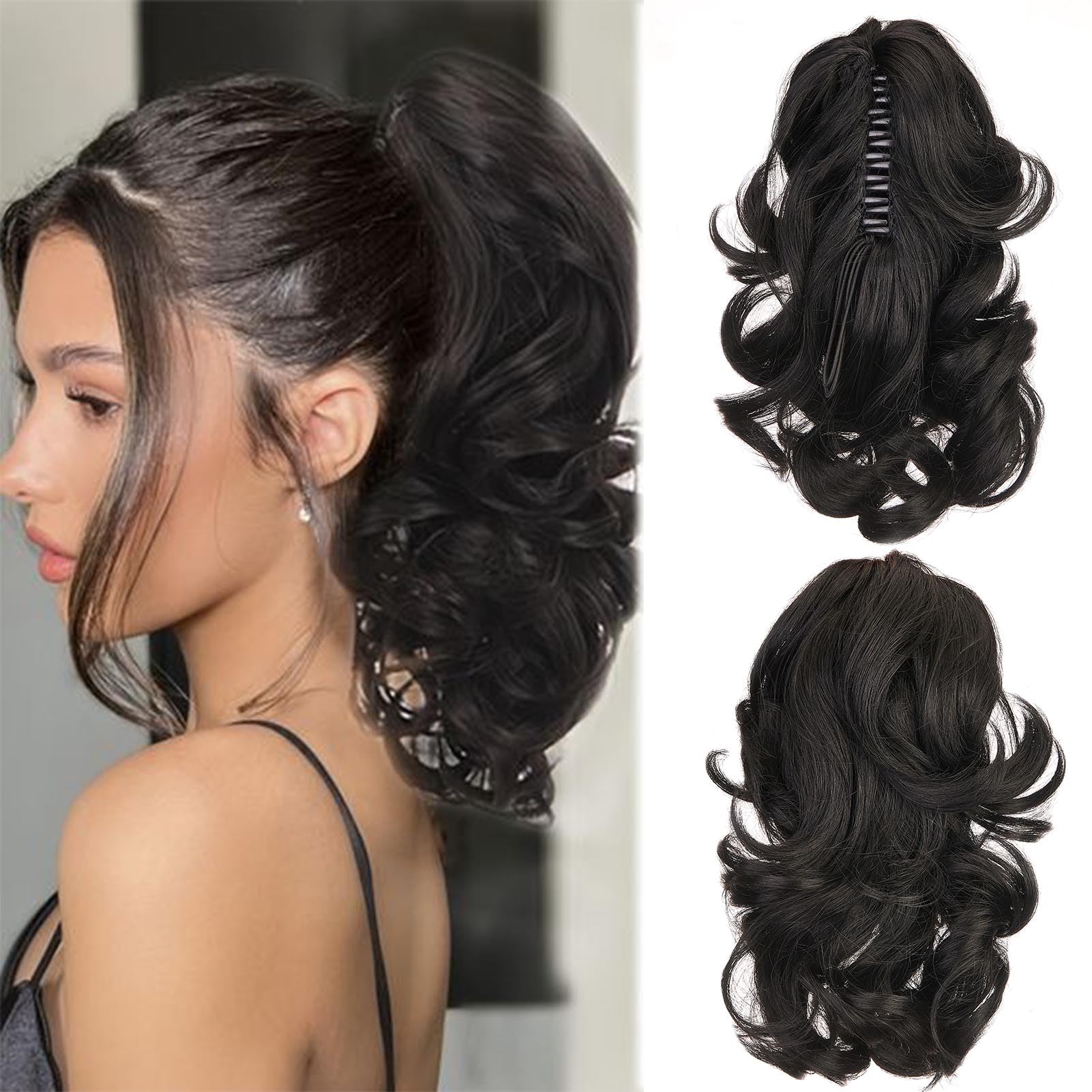Cybelleza 14 inch Ponytail Hair Extension Curly Wavy Claw Jaw on Long Short Cute Pony Tails Clip in Hair Extensions Ponytail Hairpieces Synthetic for Women, Dark Brown — image 1
