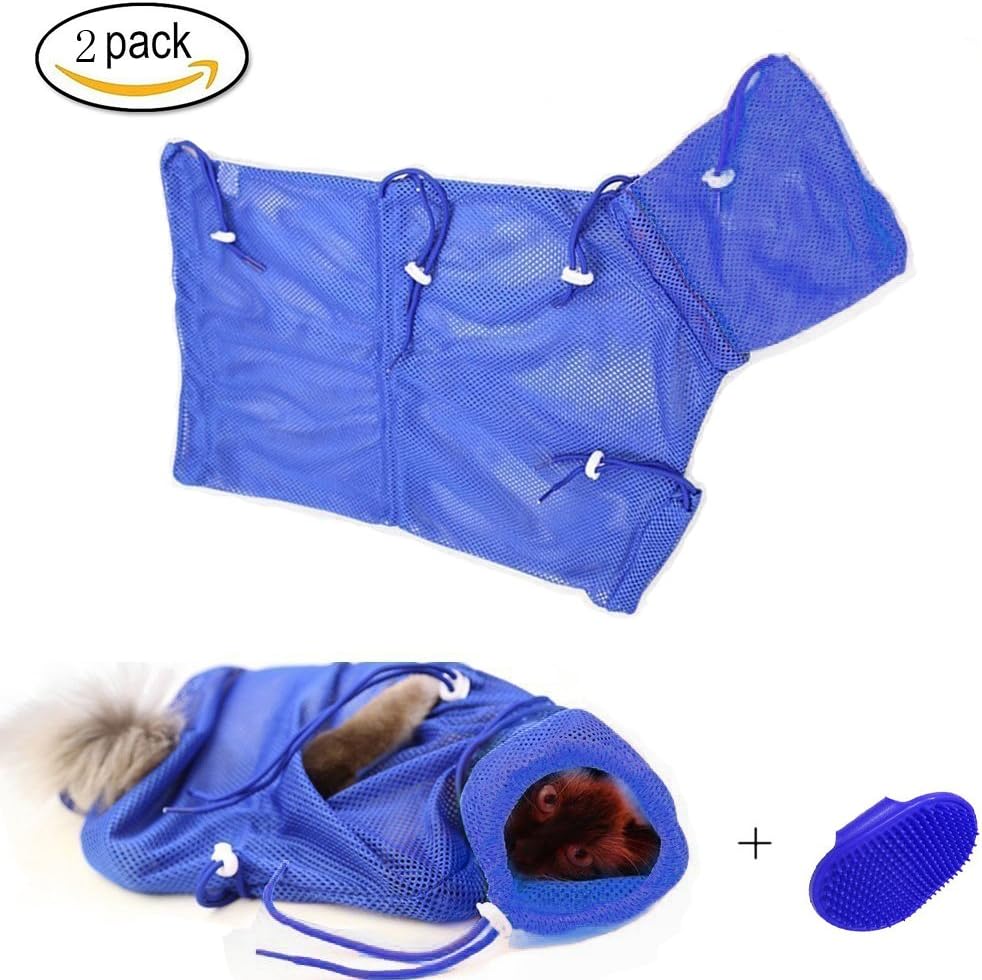 AIDIYA] Adjustable Polyester Mesh Pet Cat Grooming Washing Bath Bag Breathable Nail Cutting Bag Biting Resisted for Bathing Injecting Examining Nail Trimming (Blue)