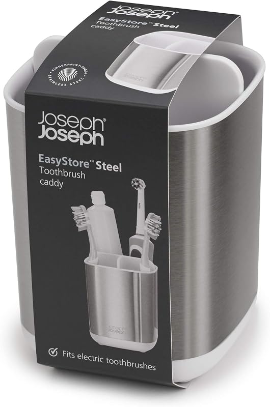 EasyStore- Porte-brosse à dents et dentifrice, compatible avec les brosses à dents électriques et traditionnelles, 3 compartiments, rangement détachable salle de bain- Moyen, Acier Inox