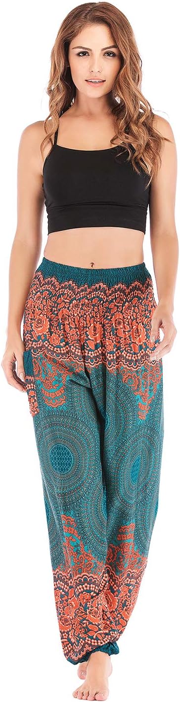 OMZIN Women's Thai Harem Trousers Boho High Waist Loose Yoga Pants with Pockets