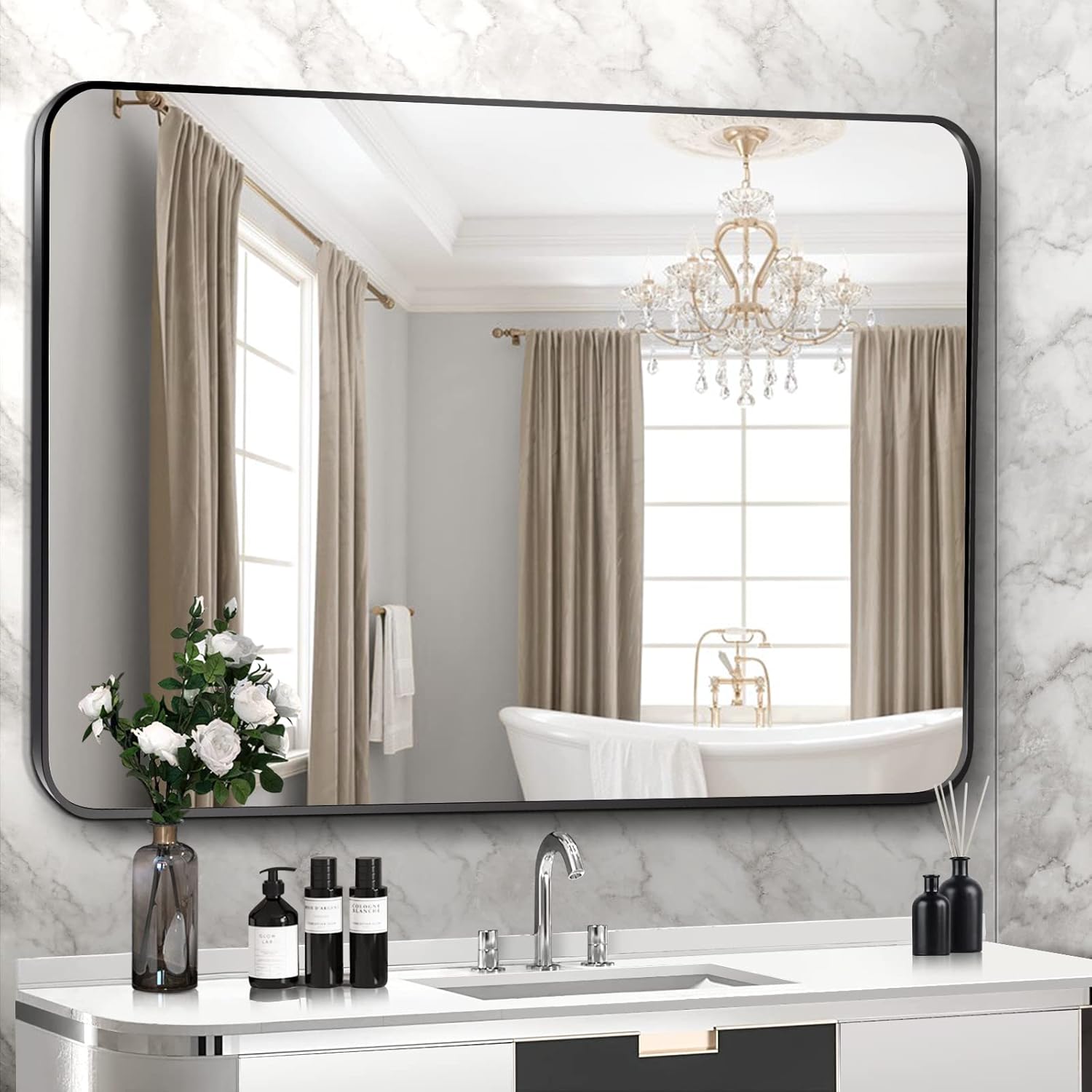 Mirrors - 36x24 Inch Bathroom Mirrors for Wall, Black Metal Framed Bathroom Mirror, Home Decor Rounded Corner Rectangular Wall Mounted Vanity Mirror for Washroom, Hang on Horizontally & Vertically