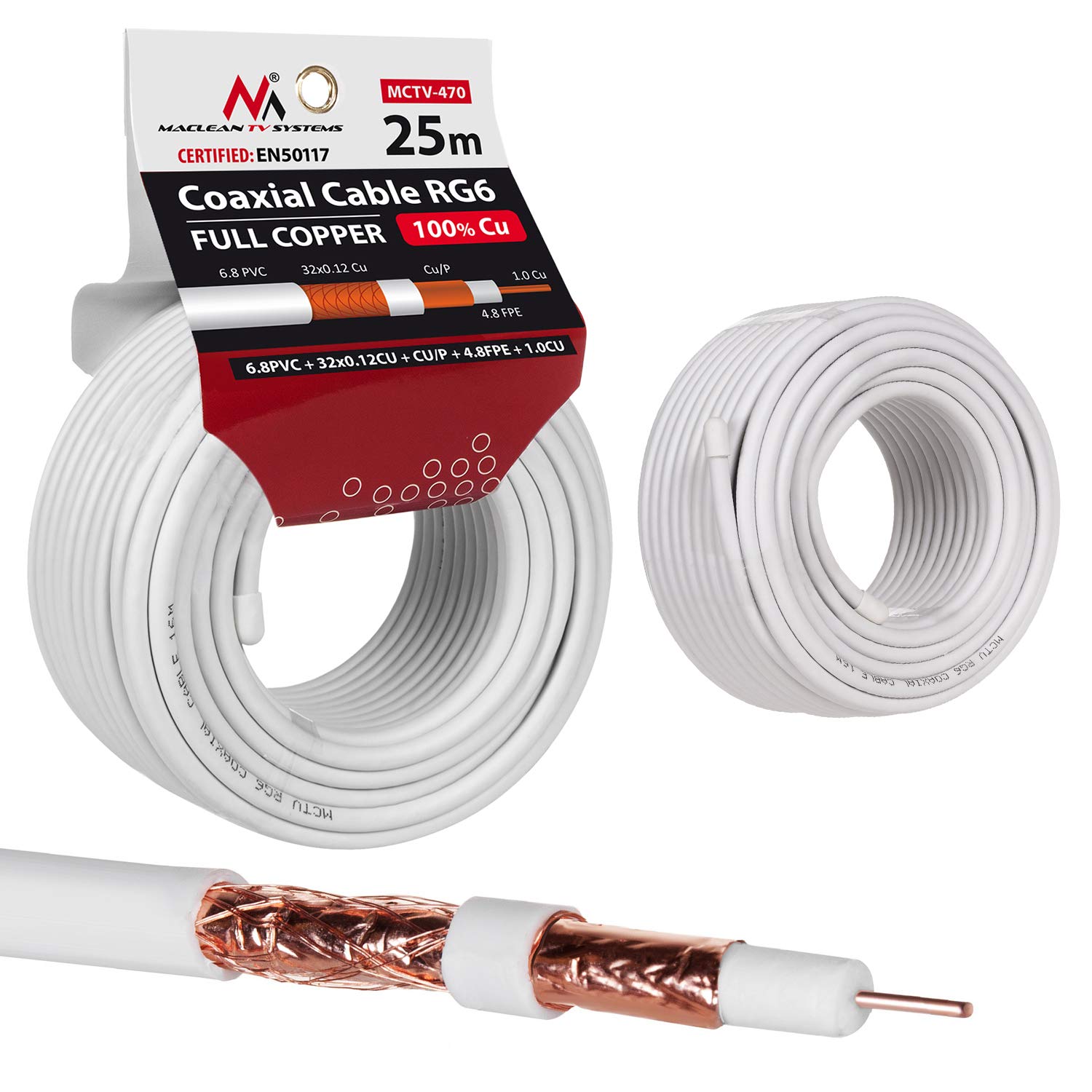 Maclean MCTV-470 Antenna Cable Coaxial Cable RG6 Pure Copper 100% Cu Coax Antenna Cable SAT Satellite Cable TV (25m)
