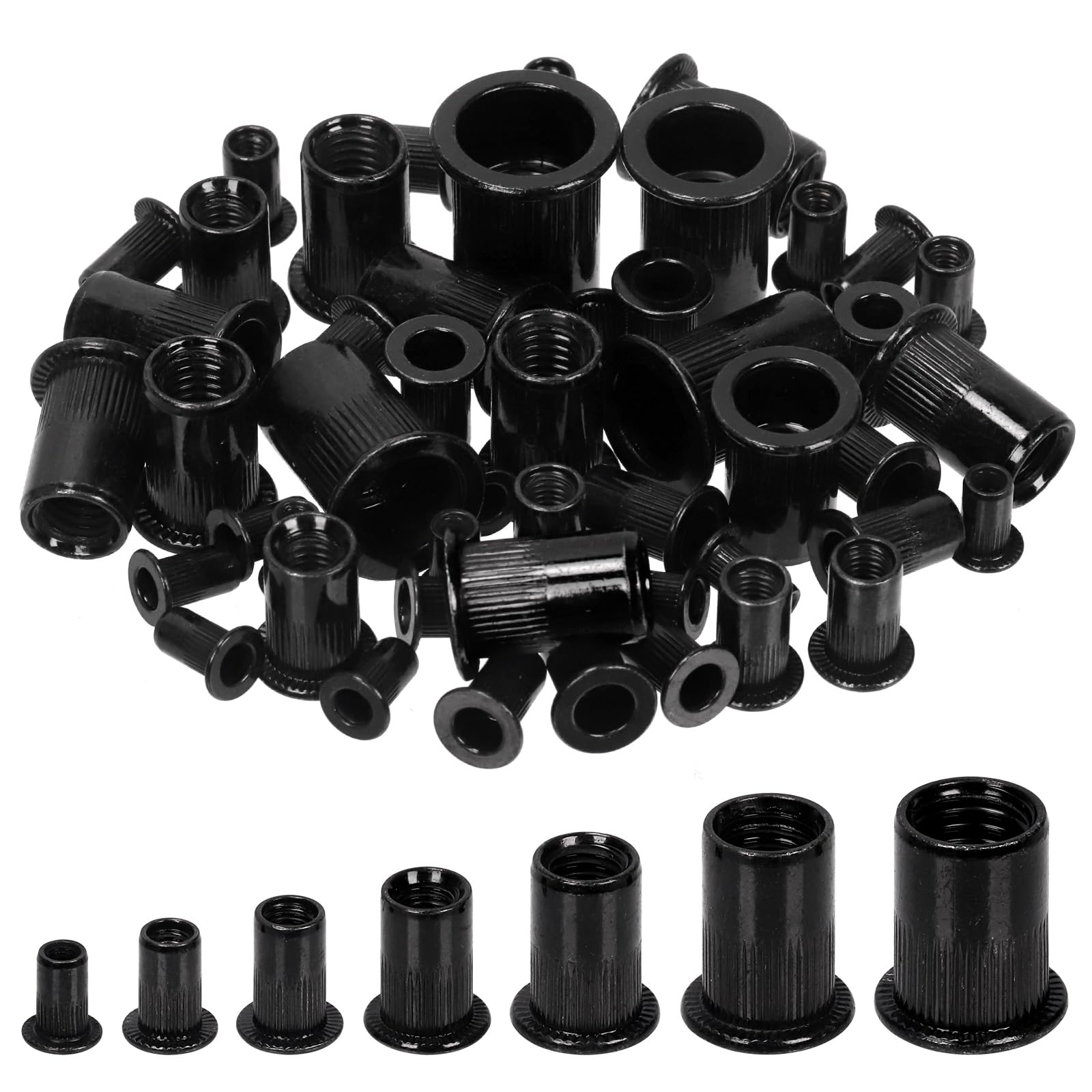Glarks 100Pcs M4 Rivet Nuts Black Zinc Plated Carbon Steel Flat Head Rivnut Threaded Insert Assortment Set