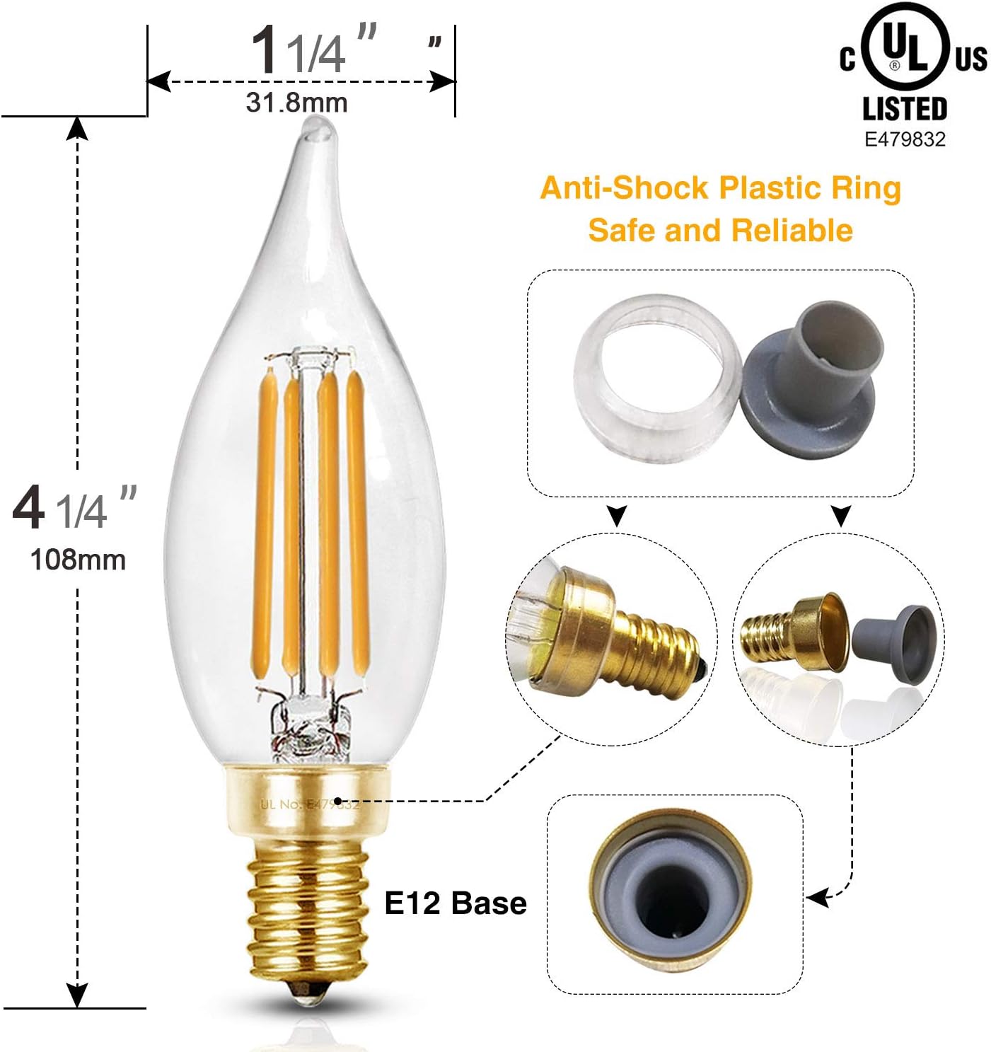 Hizashi 90+ CRI LED Candelabra Bulb Flame Tip 40W Equivalent Dimmable E12 Filament Candle Bulbs 4W, 450 Lumens, 2700K Warm White CA10 LED Chandelier Light Bulbs, UL Listed - 12 Pack - - 