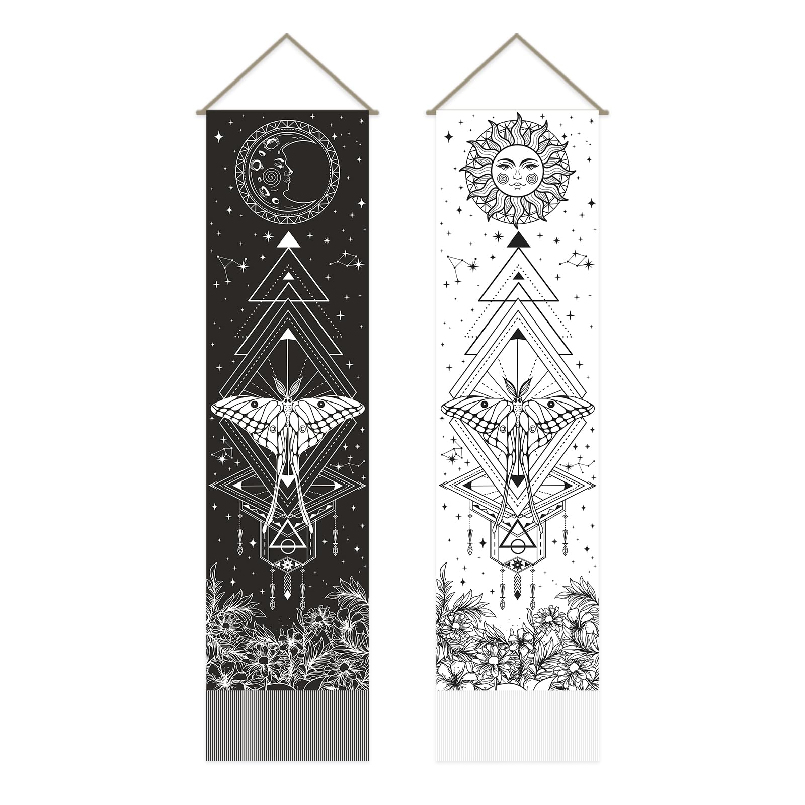 AHANDMAKER 2 Pcs Sun and Moon Tapestry, Black and White Insect Pattern Psychedelic Wall Art Mystic Gothic Wall Decor for Living Room and Bedroom (51.18x12.99 inch)