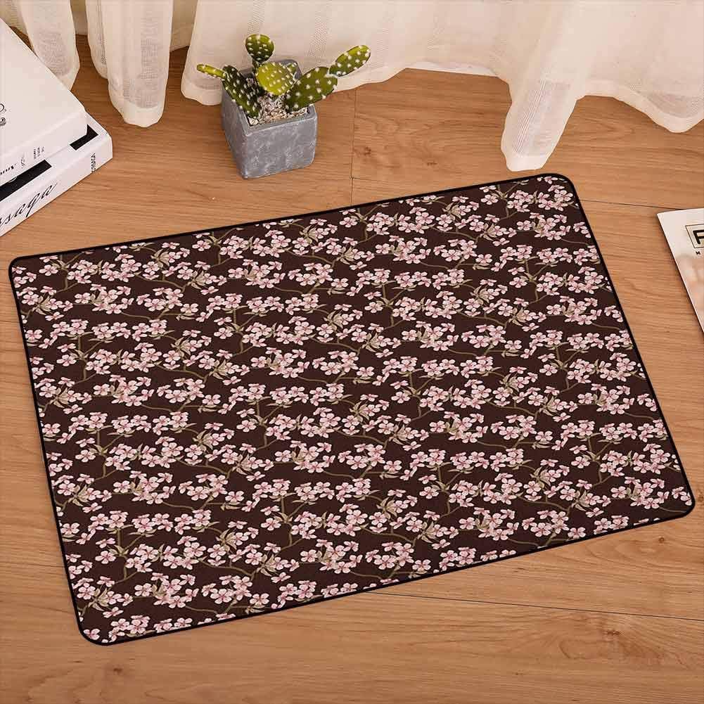 lacencn Cherry Blossom Non Slip Mats Japanese Culture Garden Trees with Flowering Branches Retro Floor Rugs Entry Way Doormat for Patio for Home, W29 x L39 Chesnut Brown Coffee Rose