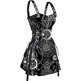DRESSFO Women’s Gothic Buckle Strap Mini Dress – Lace Up Zipper Dress in Multiple Prints