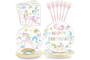 GRENCIAN 96Pcs Pastel Rainbow Unicorn Plates and Napkins Tableware Set - Unicorn Themed Decorations for Girls' Birthday or Baby Shower, Serves 24