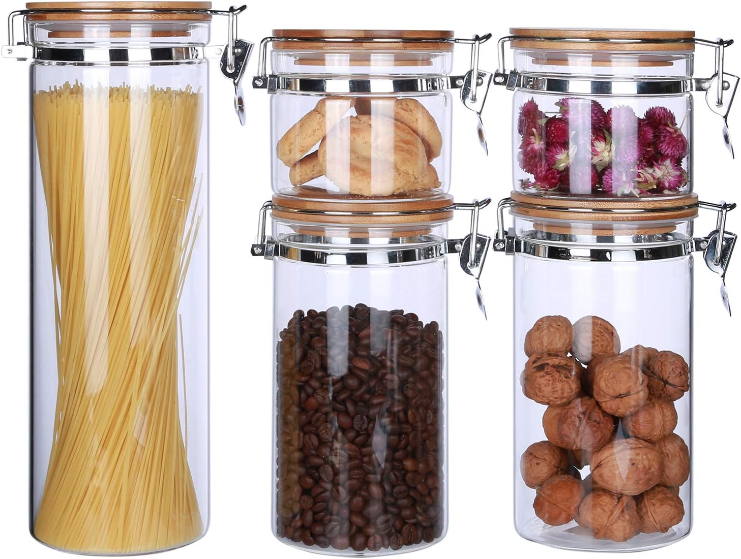 KKC HOME ACCENTS Clear Borosilicate Glass Food Storage Contianers,Airtight Glass Kitchen Canisters,Sealed Glass Storage Jars with Locking Clamp Bamboo Lids,Pack of 5