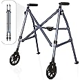 Stander Wonder Walker Short, Junior Lightweight Foldable Space Saver Rolling Walker for Adults, Seniors, and Elderly, Petite Walker with 6-inch Wheels and Ski Glides for Mobility Support, Cobalt Blue