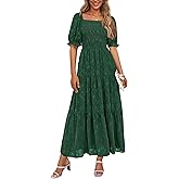 PRETTYGARDEN Women's 2026 Summer Casual Midi Dresses Square Neck Short Sleeve Smocked A Line Floral Flowy Elegant Boho Dress