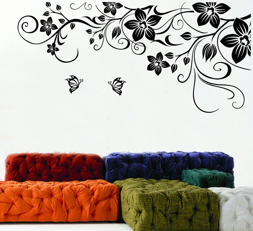 Decals Design 'Giant Floral Vine and Butterflies' Wall Sticker (PVC Vinyl, 70 cm x 50 cm, Black)