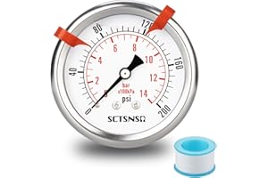 SCTSNSR 0 to 200 Psi Pressure Gauge, Glycerin Liquid Filled, 2.5 inch Dial, 1/4" NPT Back Mount, Stainless Steel Case, for Air Compressor, Shock, Water System, Well Pump, Tank, Pipe, Pressure Test