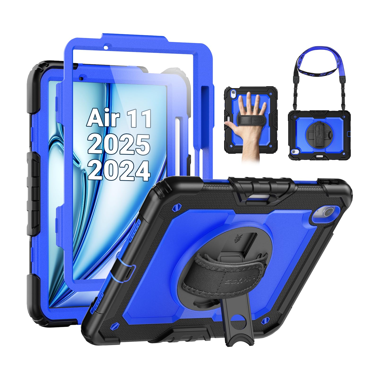 Photo 1 of SEYMAC Case for iPad Air 11 Inch M3 2025/M2 2024 (Air 7th/6th Generation), Heavy Duty Shockproof Protective Case with Screen Protector, Rotating Stand and Hand/Shoulder Strap, Blue