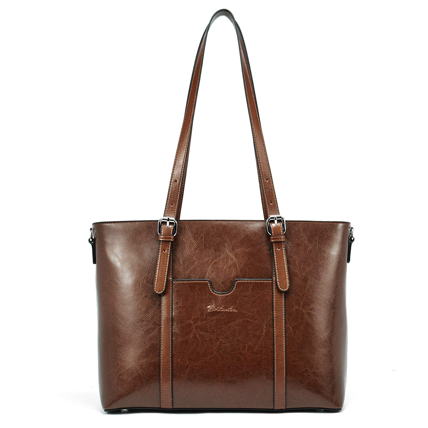 BOSTANTEN Womens Genuine Leather Handbags Top-Handle Bag 15.6 inch Laptop Shoulder Bag Large Capacity Ladies Work Tote Bags Brown — image 1