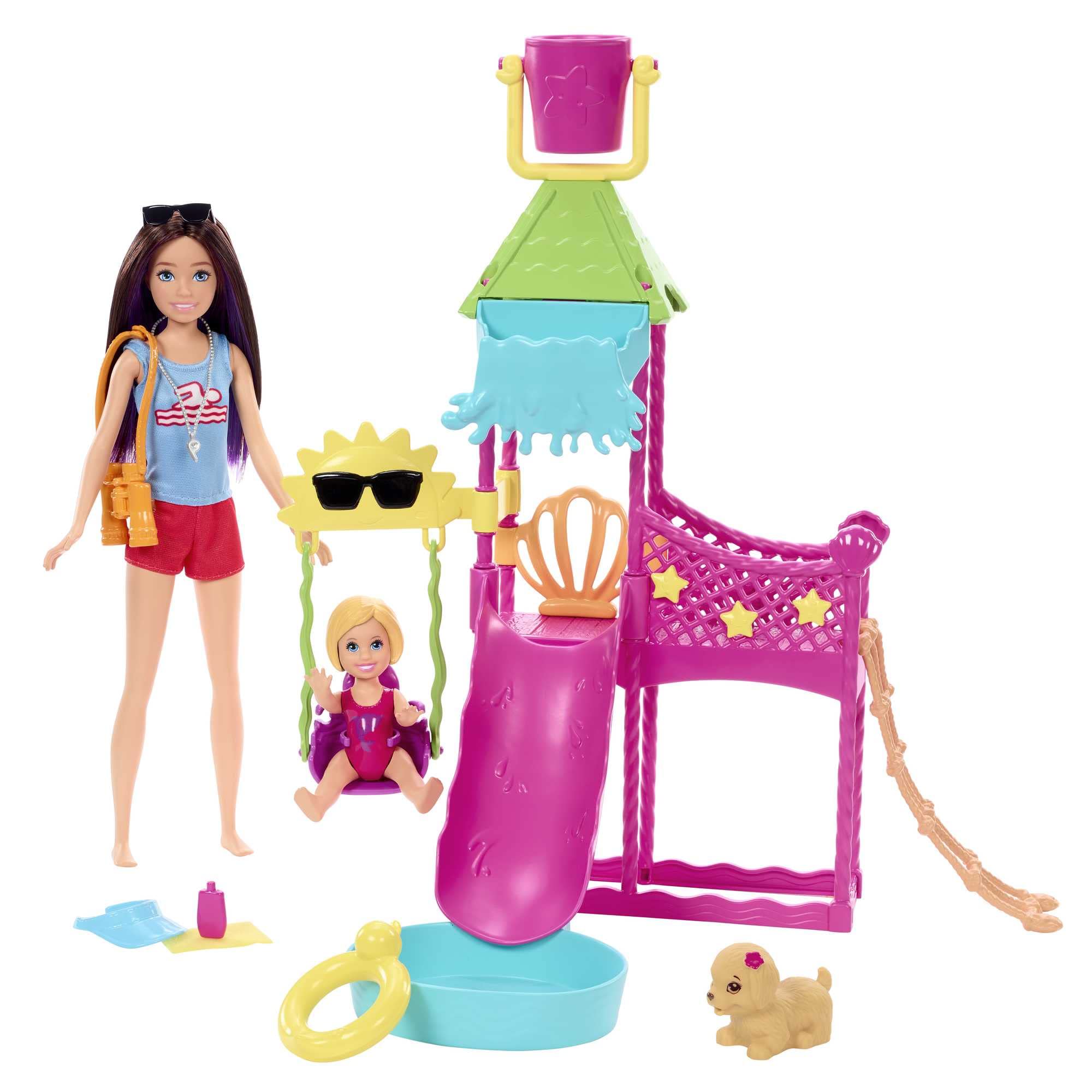 Barbie HKD80 First Jobs Skipper Set, Doll, Water Park with Functional Water Slide, Puppy Sprinkler and More Than 5 Accessories, Children's Toy from 3 Years