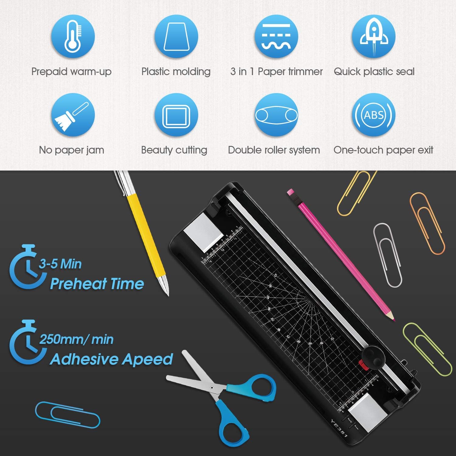 Laminator Machine for A3/A4/A6, YE381 Thermal Laminating Machine for Home Office School Use with 50 Pouches, Paper Trimmer and Corner Rounder (Black-5) (Black-6) : Office Products