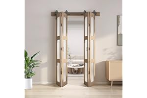 JUBEST Bifold Glass Barn Door, Bi Fold Glass Sliding Barn Door Kit with Hardware Include, 3-Panel Glass Barn Door Slab, Barn Door Hardware for Bedroom, Living Room, Bathroom, Brown (48"x84")